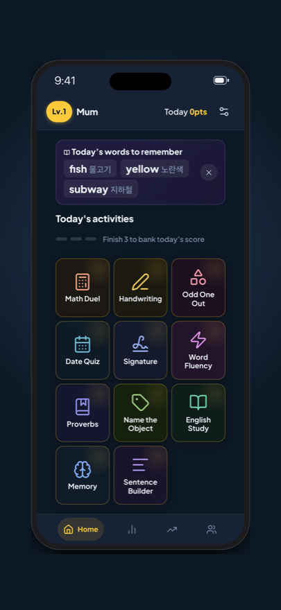 Home dashboard, English, eleven activity tiles on a dark navy page