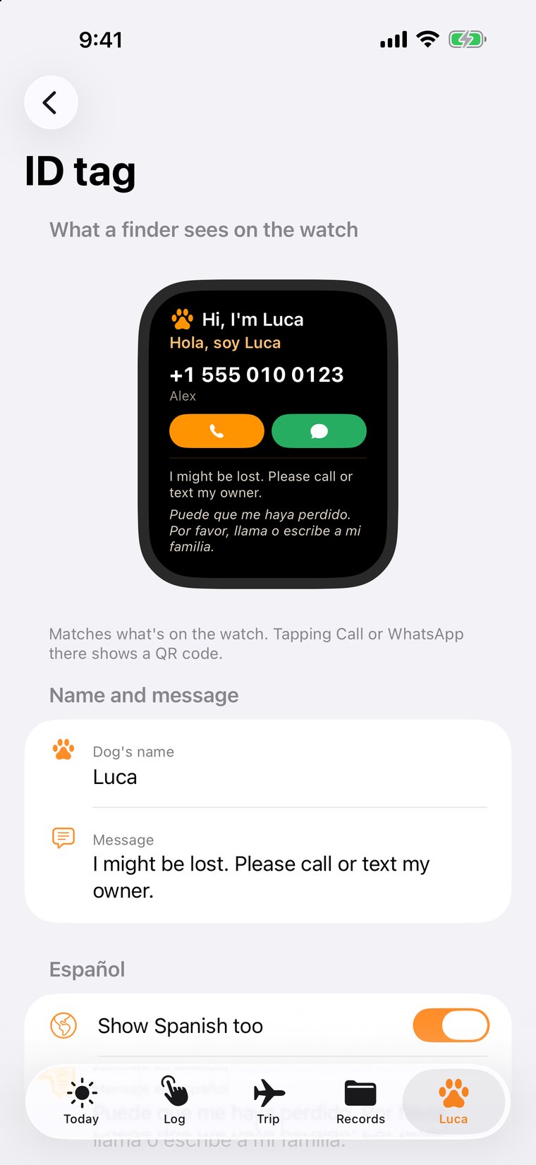 ID tag settings on the iPhone with a preview of the watch