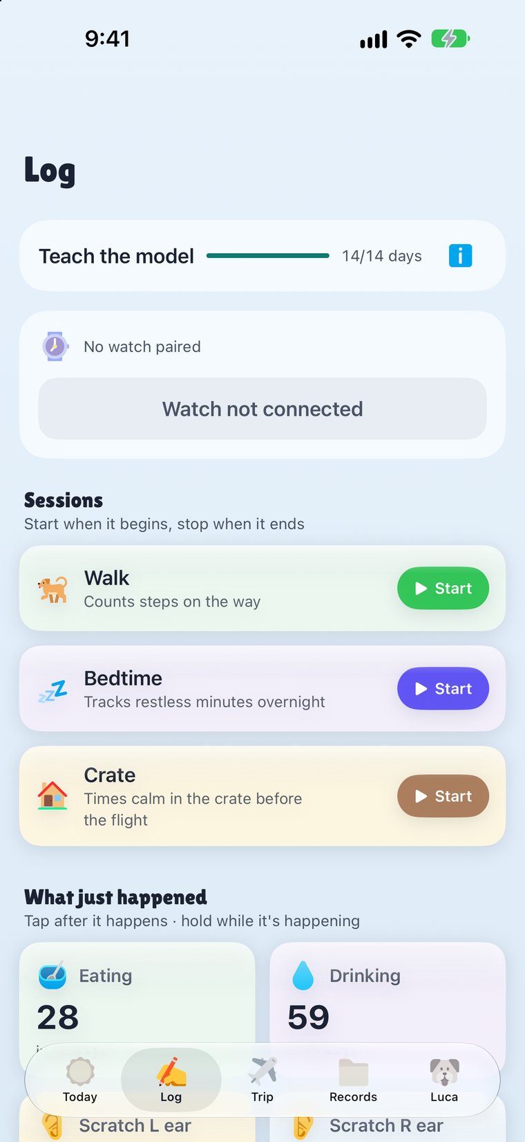 Log tab with training progress, walk, bedtime and crate sessions, and the label buttons