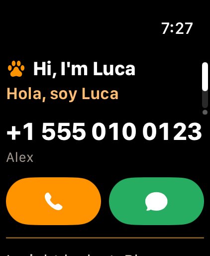 Watch ID card: Hi, I'm Luca, Hola, soy Luca, phone number, call and WhatsApp buttons