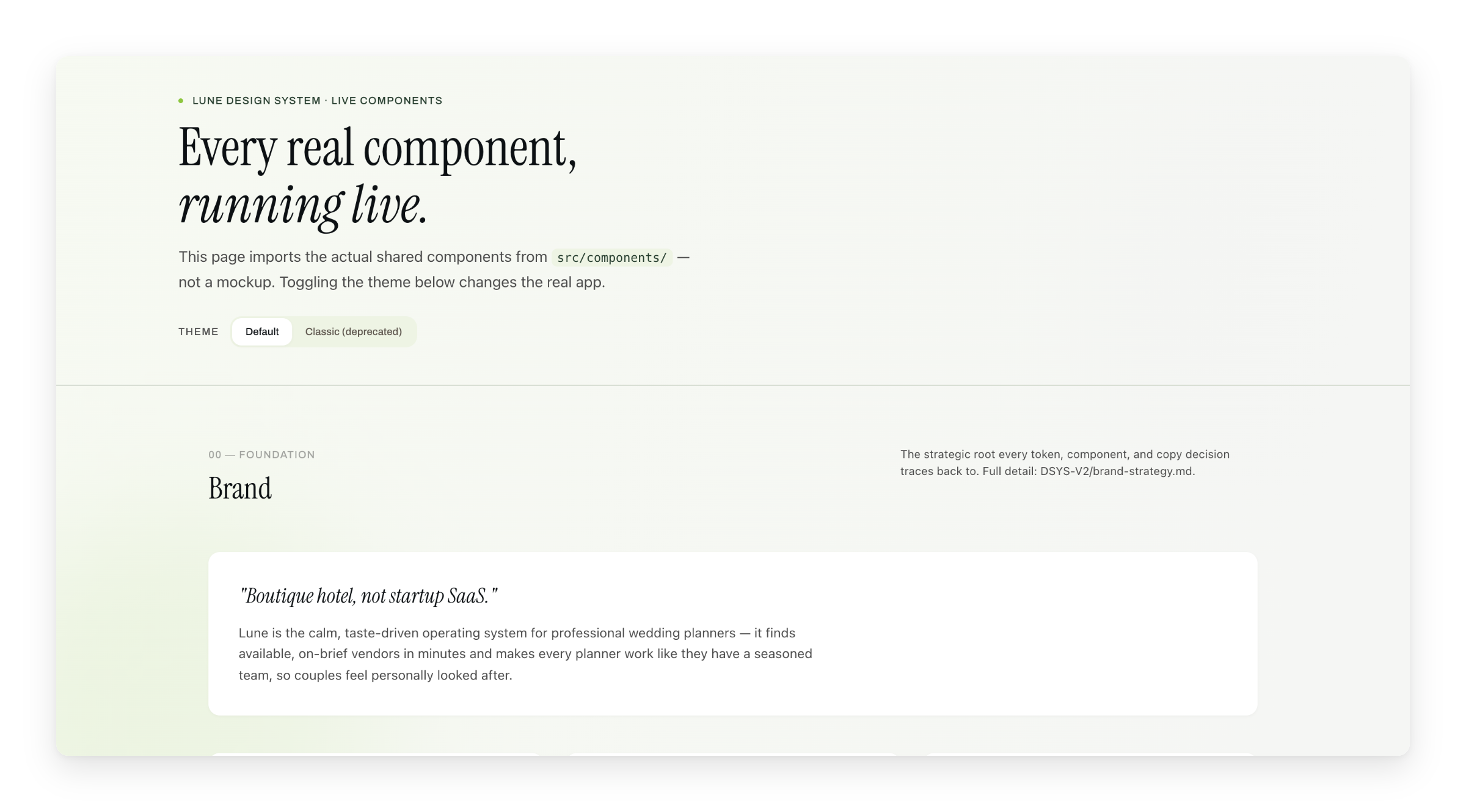 The Lune design-system showcase, running the real components with a live theme toggle