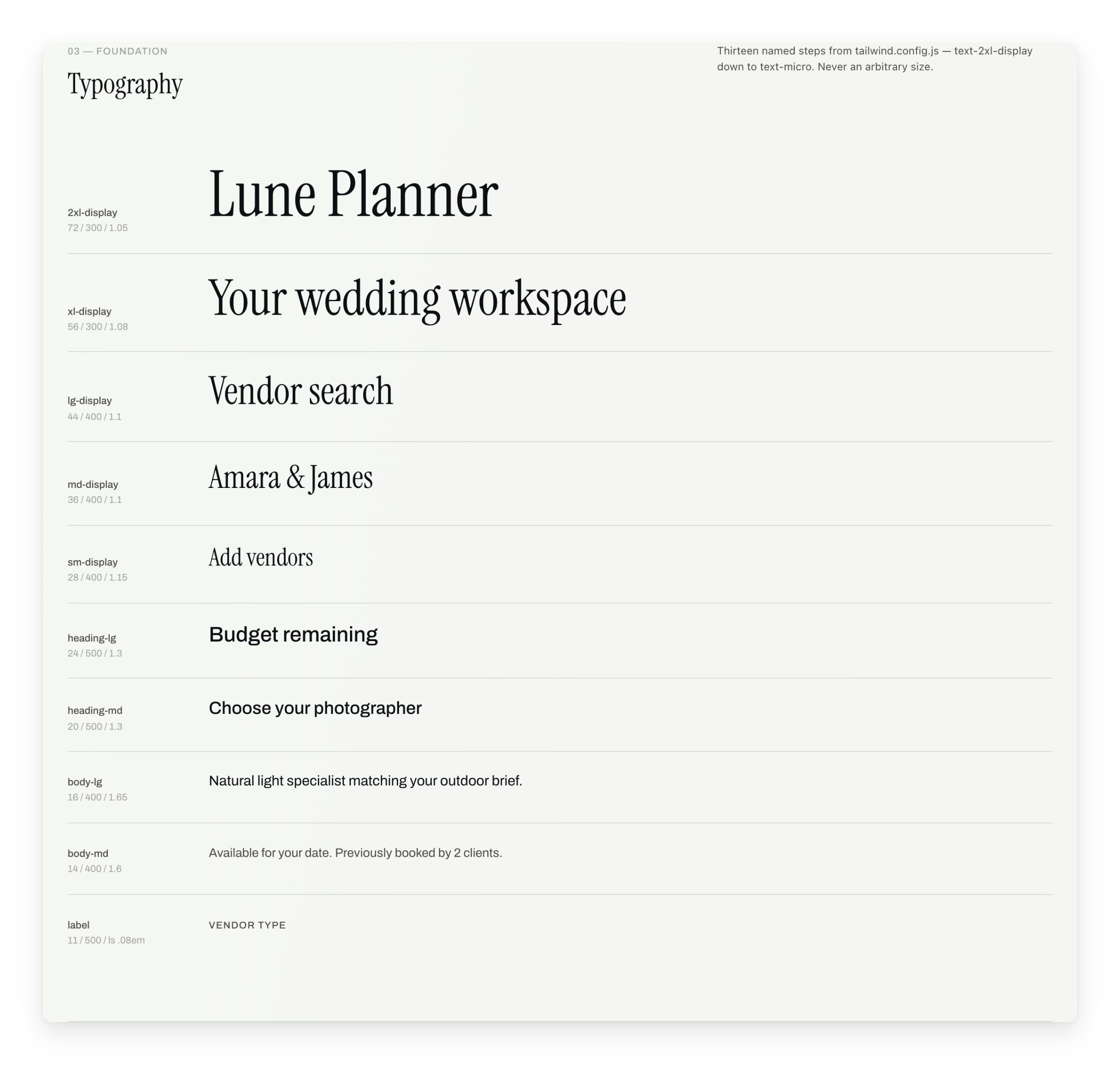 Thirteen named typography steps, each specimen set in real product copy