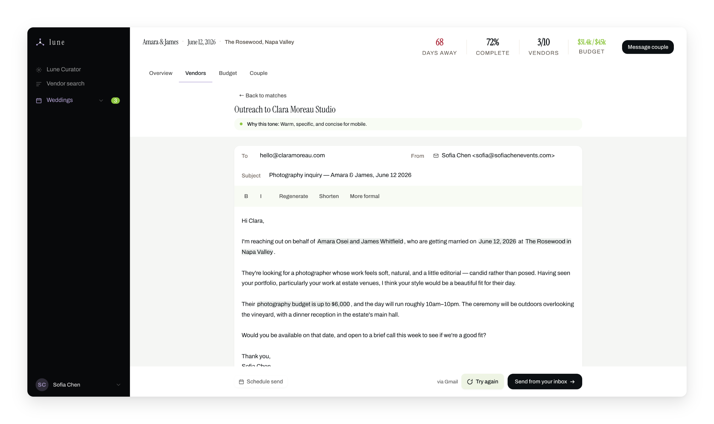 AI-drafted vendor outreach email composer with a why-this-tone explainer