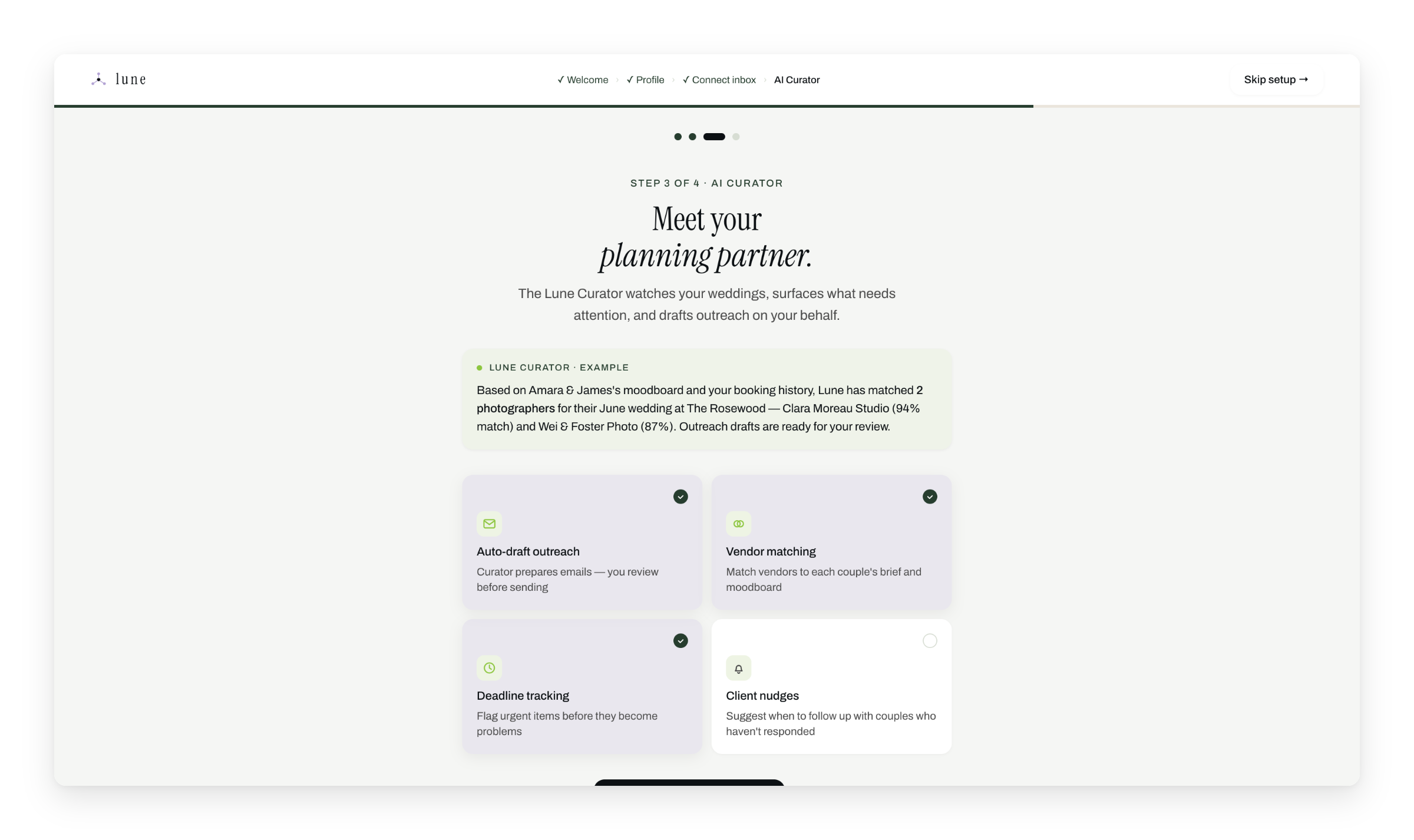Onboarding: the AI Curator previews a real match before setup even finishes