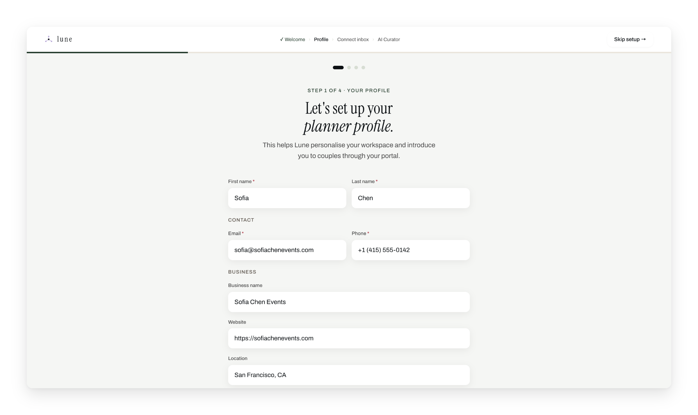 Onboarding: a light profile step, skippable at every stage