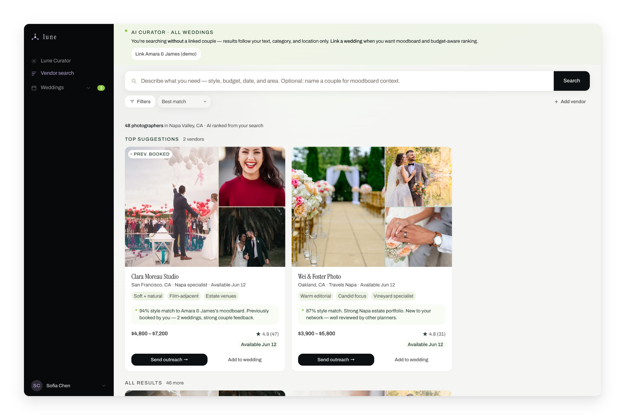Vendor search and Curator results with moodboard match scores and direct outreach