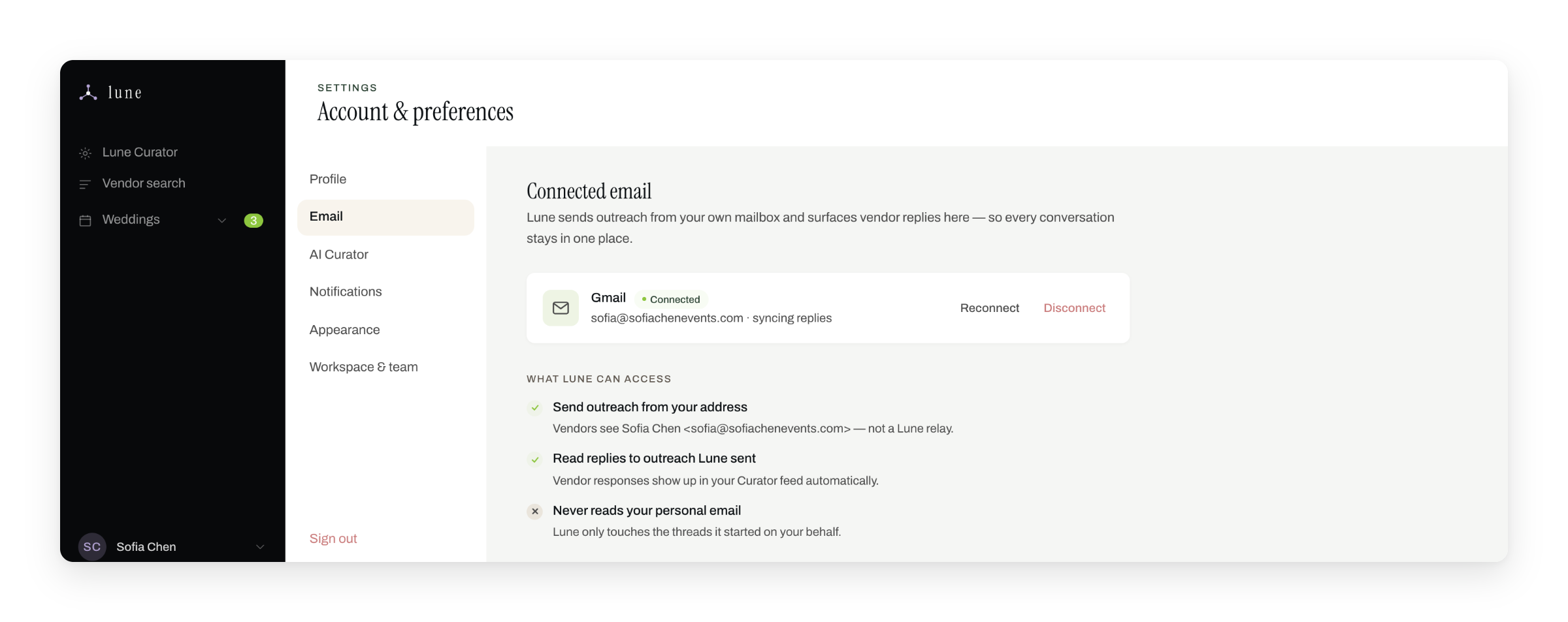 Connected email permissions: what Lune can and cannot access