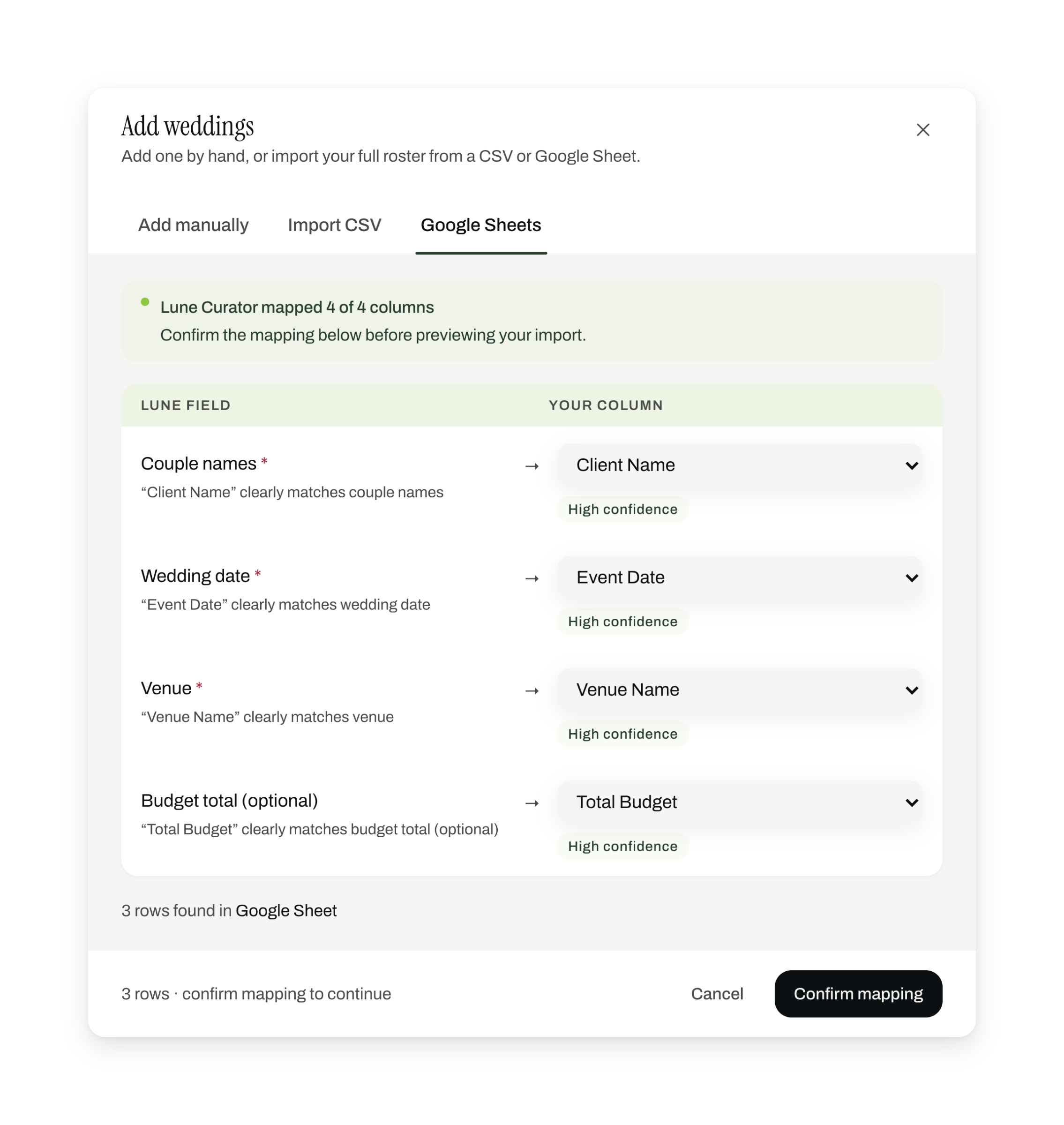 Google Sheets import with AI-mapped columns and per-field confidence scores