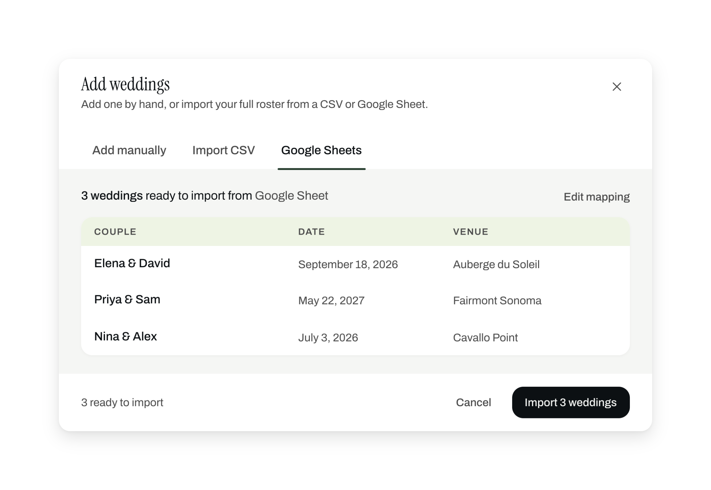 Confirmed import preview: three weddings ready to add from a Google Sheet