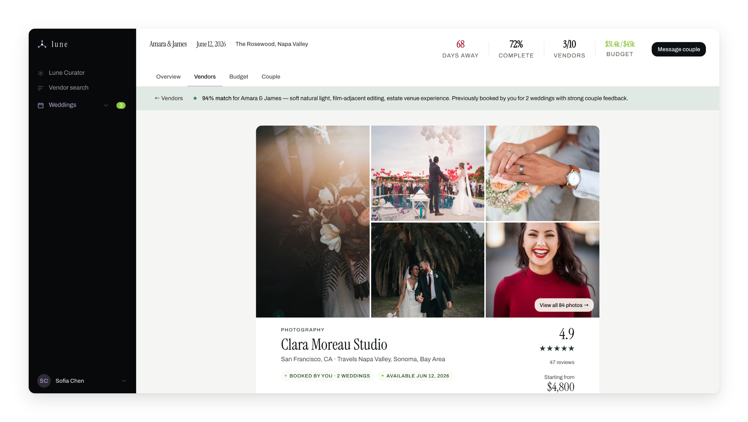 Vendor profile opening in-shell inside the wedding workspace tabs