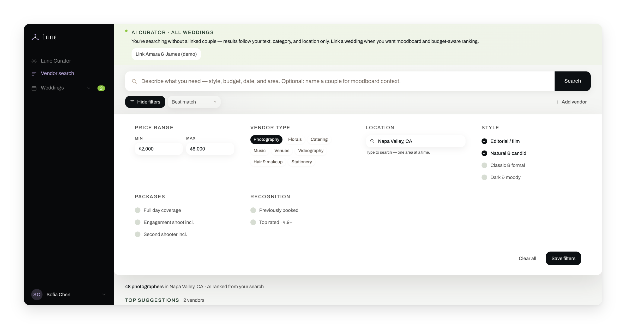 Vendor search filters collapsed into a full-width dropdown